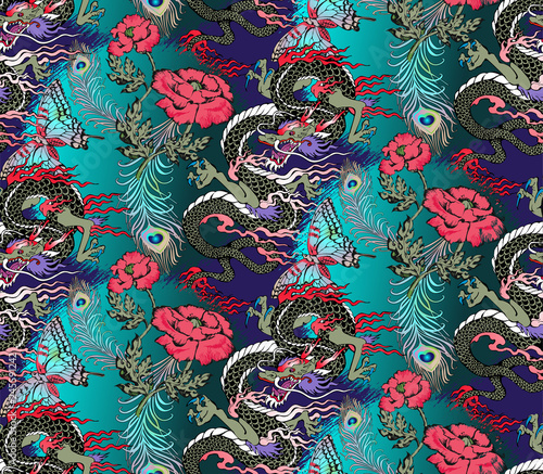 Pattern of asian dragon Poster Mural XXL