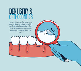 Wall Mural - teeth medicine treatment and magnifying glass