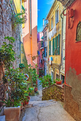 Fototapete - Beautiful alley in Vernazza, Old town Liguria, Italy, Europe