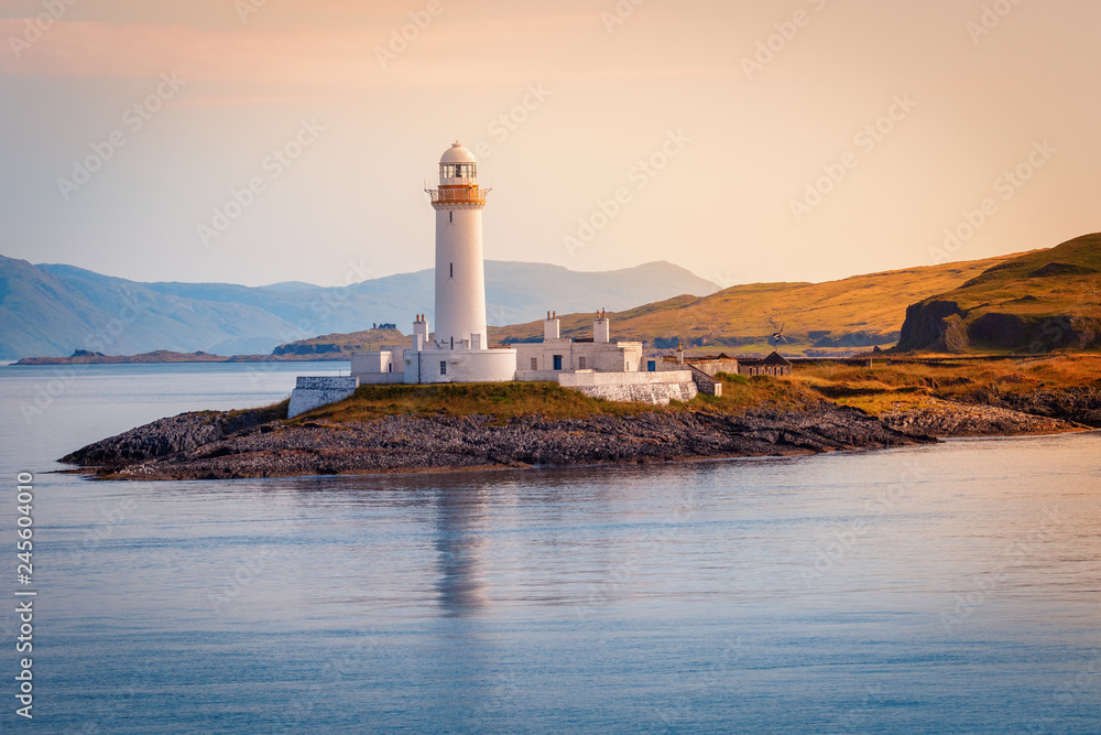 Eilean Musdile Lighthouse at Loch Linnhe, road to the Isle of Mull, Inner Hebrides, Isle of Skye, Scotland - obrazy, fototapety, plakaty 