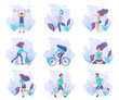 Healthy lifestyle. Different physical activities: running, roller skates, bodybuilding, yoga, fitness, scooter, nordic walking. Flat vector illustration.