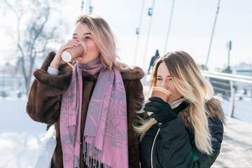 Wall Mural - two women drink coffee on the bridge