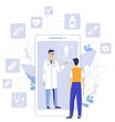 Online medical consultation concept. Young doctor man on the screen smartphone and patient standing together. Mobile app medicine. Consultation and diagnosis.