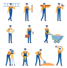Set Of Construction Workers In Blue Overalls Showing Various Actions. Cheerful Workman Holding Drill, Jackhammer, Ladder And Other Tools. Flat Design Vector Illustration