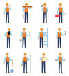 © paper_owl - Set of construction workers showing various actions. Cheerful workman holding shovel, wrench, toolbox, ladder and other tools. Flat design vector illustration