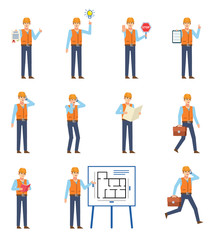 Wall Mural - Set of consruction workers showing various actions. Worker holding document, stop sign, reading book, talking on phone and showing other actions. Flat design vector illustration