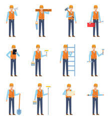 Set of construction workers showing various actions. Cheerful workman holding shovel, wrench, toolbox, ladder and other tools. Flat design vector illustration