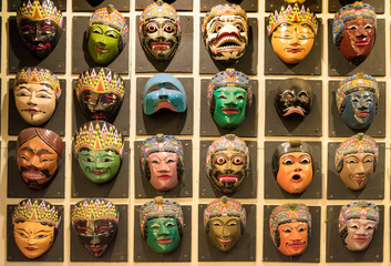 Various wooden masks used for mask dances in Malang, Indonesia