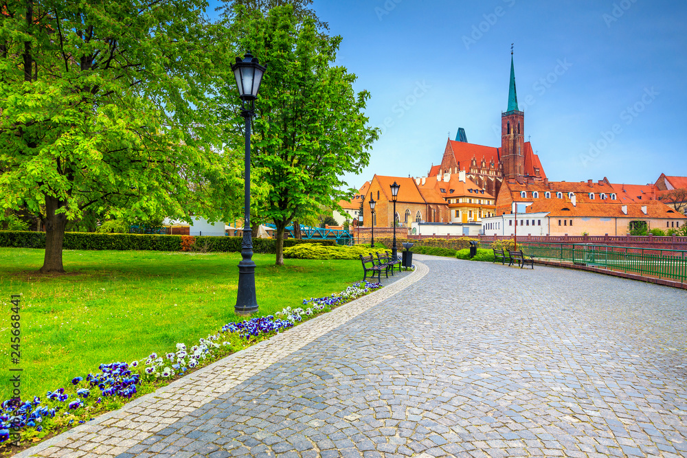 Spectacular city park and St John cathedral in Wroclaw, Poland - obrazy, fototapety, plakaty 