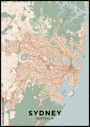 Dekoracja na wymiar  mapa-miasta-sydney-australia-plakat-z-mapa-sydney-w-kolorze-schemat-ulic-i-drog