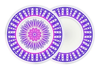 Set of 2 matching decorative plates for interior design with mandala floral ornament. Empty dish, porcelain plate mock up design. Vector illustration. Purple gradient color