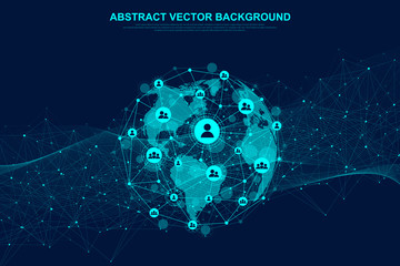 Global structure networking and data connection concept. Social network communication in the global computer networks. Internet technology. Business. Science. Vector illustration