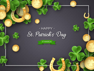 St. Patricks Day card. Clover leaves, golden horseshoes and coins on dark background for greeting holiday design. Vector illustration.