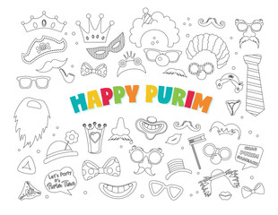 Poster - Purim clipart with carnival elements. Happy Purim Jewish festival, carnival, Purim props icons. Vector- Happy purim greeting in hebrew