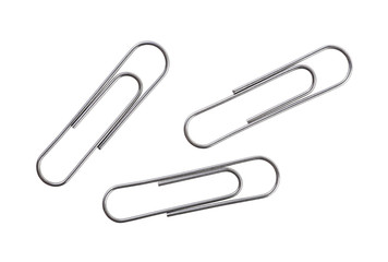 Silver paper clips isolated on white background