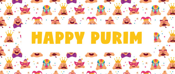  Happy Purim carnival with funny hamantashen - invitation - greeting