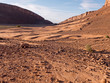 and- und Geröllwüste in der Nähe von Tafaout in Marokko. Im Hintergrund sind Berge zu sehen.
