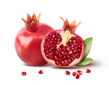 Fresh Ripe Pomegranate With Green Leaves Isolated On White Background.