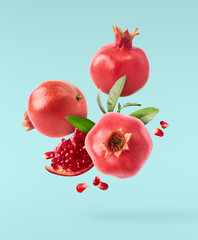 Wall Mural - Flying in air fresh ripe pomegranate with seeds and leaves on blue background