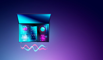 Wall Mural - financial statistics analysis concept on smartphone and laptop with diagrams or flowgraph, trend, ma