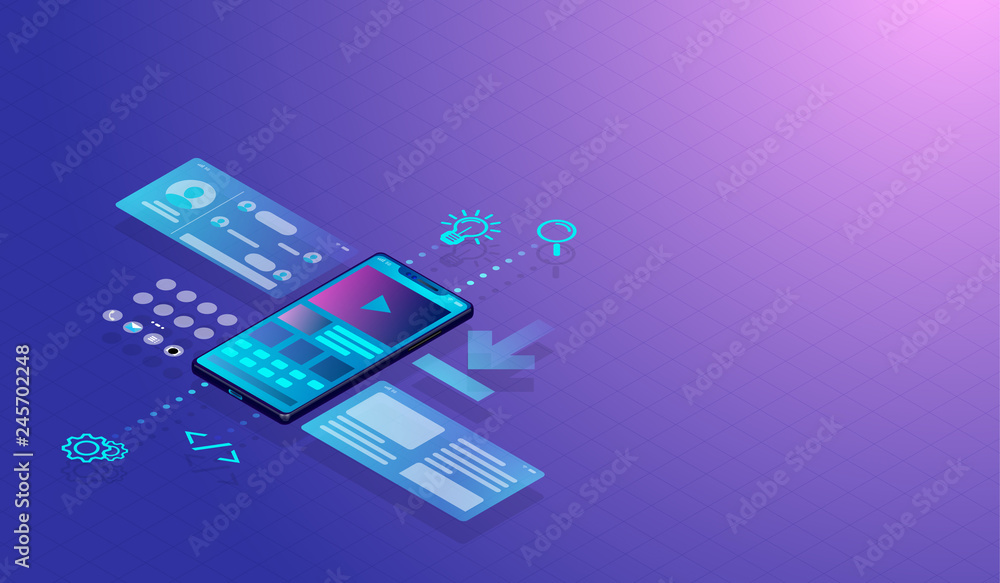 Ui Development Icom Isometric Smartphone UI-UX design concept and application, web ...