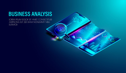 Wall Mural - business analysis system on isometric smartphone with diagram, infographics on screen, dark blue bac