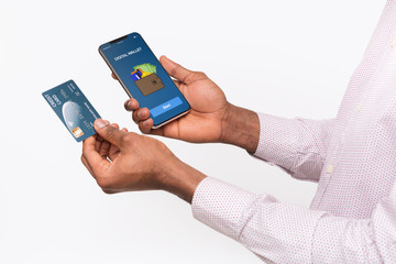 Poster - Hand holding smartphone with digital wallet and credit card