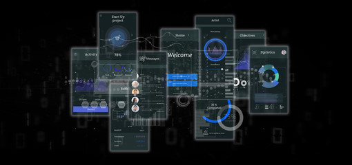 Wall Mural - user interface screens with icon, stats and data 3d rendering