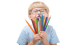 Cute Child With Colorful Pencils. Adorable Boy Holding Colour Pencils And Covering His Face. Cheerful Kid Isolated On White Wearing Eyeglasses.