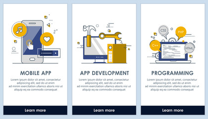 Flat design application development and programming app screens. Modern user interface UX, UI screen template for mobile smart phone or responsive web site. Vector Illustration