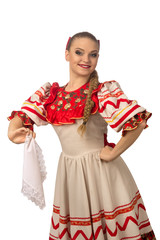 Wall Mural - Beautiful smiling caucasian girl in russian folk costume isolated on white