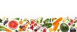 Banner from various vegetables and fruits isolated on white background, top view, creative flat layout. Concept of healthy eating, food background. 