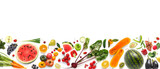 Fototapeta Tulipany - Banner from various vegetables and fruits isolated on white background, top view, creative flat layout. Concept of healthy eating, food background. 