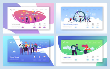 Wall Mural - business people teamwork landing page set. creative corporate team collaboration work for innovation
