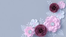 Paper Flowers Wallpaper, Floral Corner Decoration, Mothers Day Spring Background, 3d Rendering