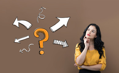 Poster - Question mark with arrows with young businesswoman on a brown background