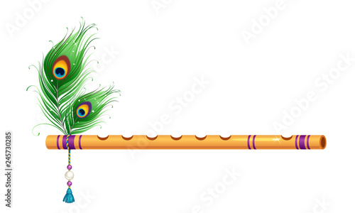 Fotomural Beautiful golden flute with peacock feathers