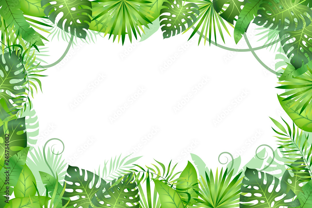 Jungle background. Tropical leaves frame. Rainforest foliage plants, green grass trees. Paradise african wildlife jungle - obrazy, fototapety, plakaty 