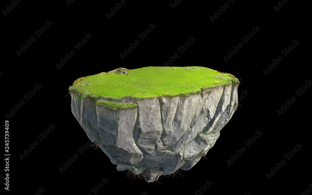 3D fantasy floating island with green grass land isolated on black, surreal float rock mountain with paradise concept 3d illustration - obrazy, fototapety, plakaty 