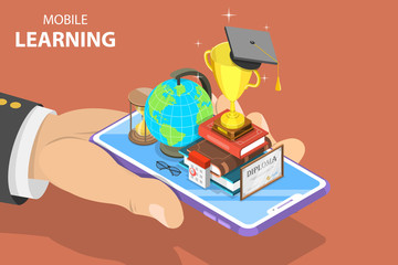 Flat isometric vector concept of mobile education, e-learning, webinar, online training.