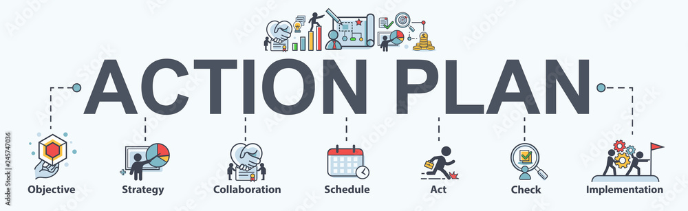 Action plan banner web icon for business and marketing. objective, strategy, Collaboration, Schedule, Plan and implementation. Minimal vector infographic. - obrazy, fototapety, plakaty 