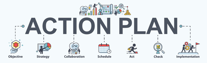 action plan banner web icon for business and marketing. objective, strategy, collaboration, schedule