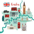 London map vector. Abstract atlas poster. Illustrated map of London for children/kid. Colorful landmarks design Capital of Great Britain icon. Tower bridge. London symbols red phone booth and bus