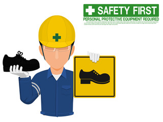 Industrial worker is presenting safety shoe sign