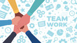 © vpif - Hands together. Symbol of teamwork and unity. People putting their hands together on a icons background. Top view. Vector flat illustration