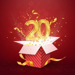 Wall Mural - 20 th years number anniversary and open gift box with explosions confetti isolated design element. t