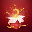 © Oleg - 2 nd year number anniversary and open gift box with explosions confetti. Template two second birthday celebration on red background vector Illustration.