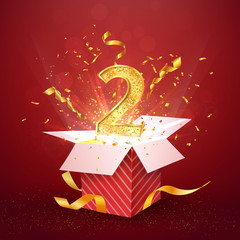 2 nd year number anniversary and open gift box with explosions confetti. Template two second birthday celebration on red background vector Illustration.