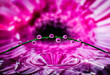 Close up of a pink flower reflected in rendered water with raindrops on a blade of grass