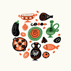 Wall Mural - Traditional greek food. Funny hand drawn illustration with food elements in circle. Made in vector.